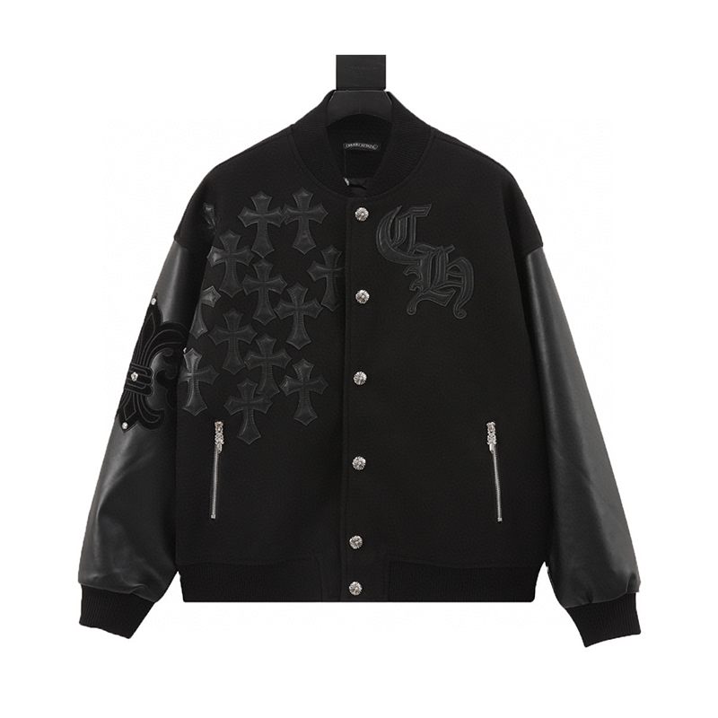 Chrome Hearts Jackets Word Frame Veneer Logo Leather Sleeve Baseball Uniform Jacket Coat Men and Women Same Style