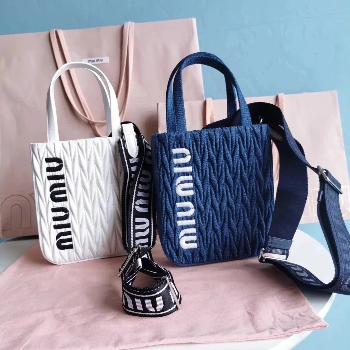 Miu Miu Bag Top version Women's Bag22New Women's Denim Canvas Wide Shoulder Strap Portable Tote Bag Pleated Lambskin tote Shoulder Crossbody Bag