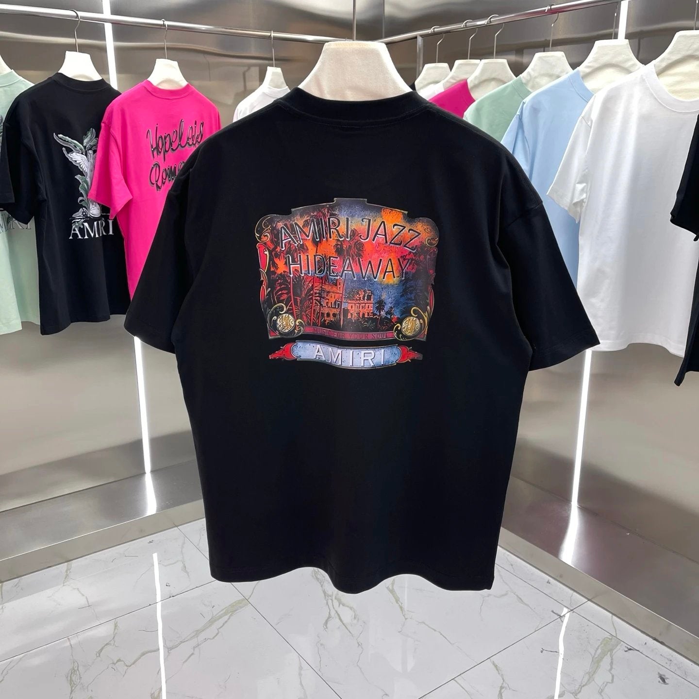 Amiri T-shirt Back Colorful Pattern Print logo round Neck Short Sleeve25ss New Pure Cotton Unisex Style T T-shirt OS Loose Fit Base Shirt Top Half Sleeve T-Shirt