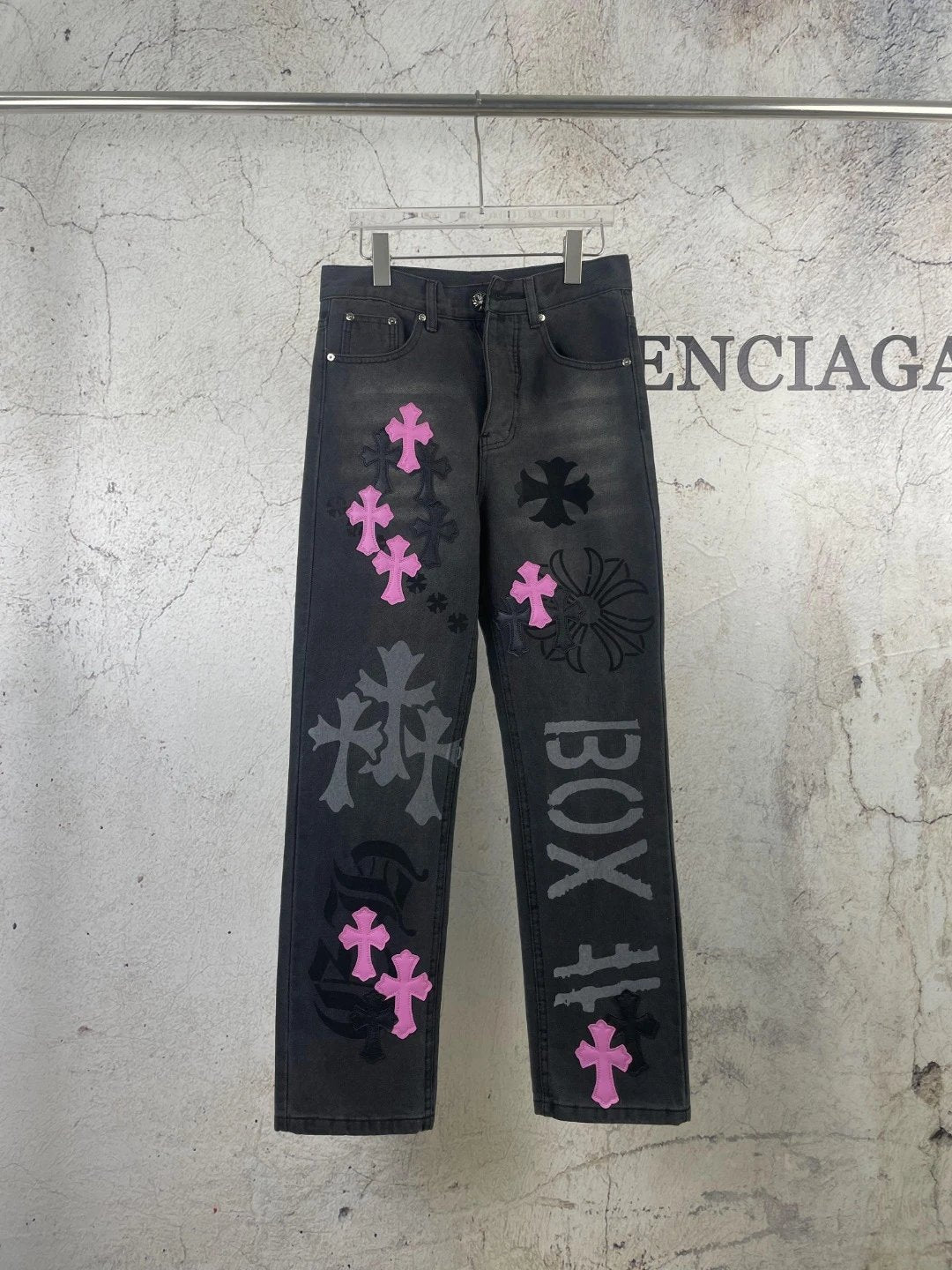 Chrome Hearts Jeans Spray Painting Purple Leather Limited Edition Straight Jeans Autumn and Winter New Men's and Women's Same Long Pants Loose Casual Wide Leg High Waist