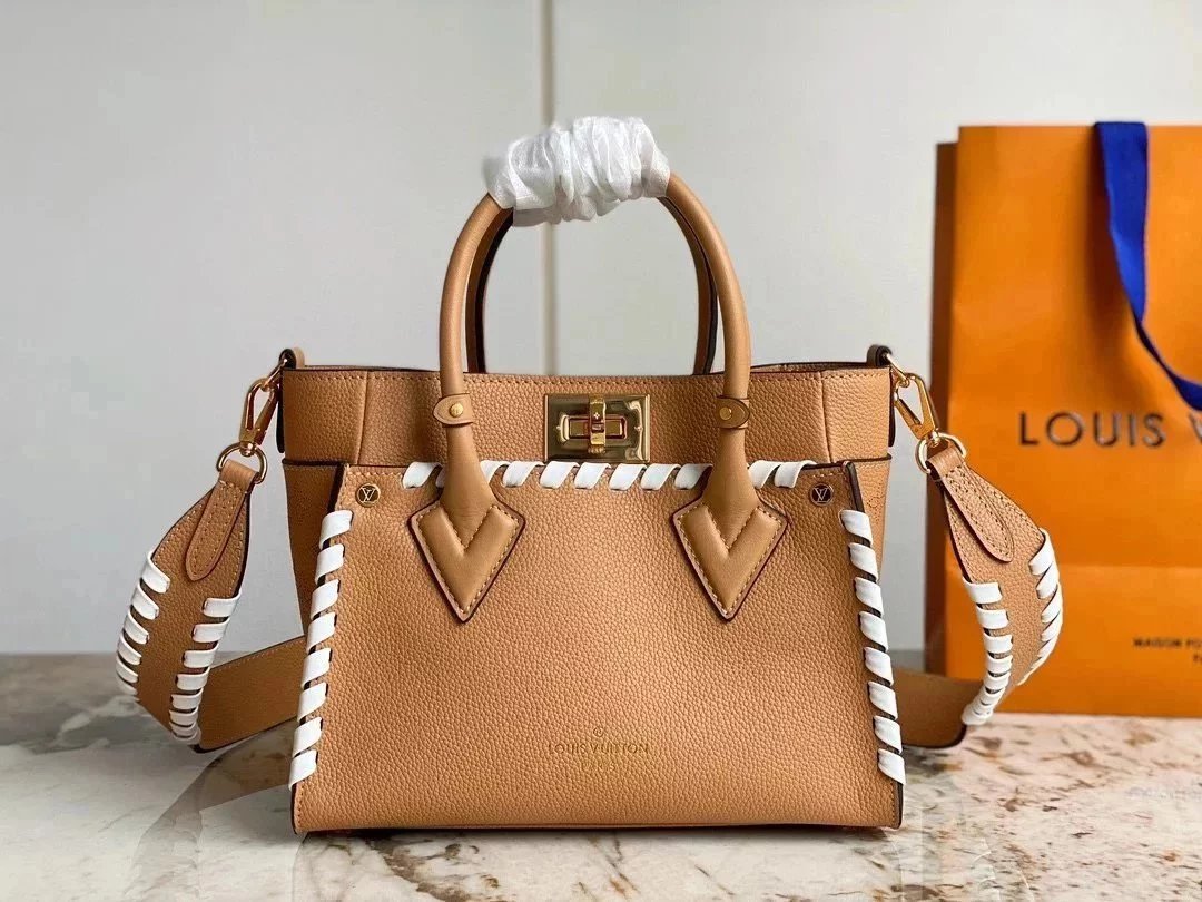 Louis Vuitton LV Women's Bag Top version 【New Arrivals】2023New OnMySide Small Size Full Leather Woven Mummy Shopping Bag Tote Tote Bag Monogram Women's Perforated Cow Leather Shoulder Messenger Bag M21385