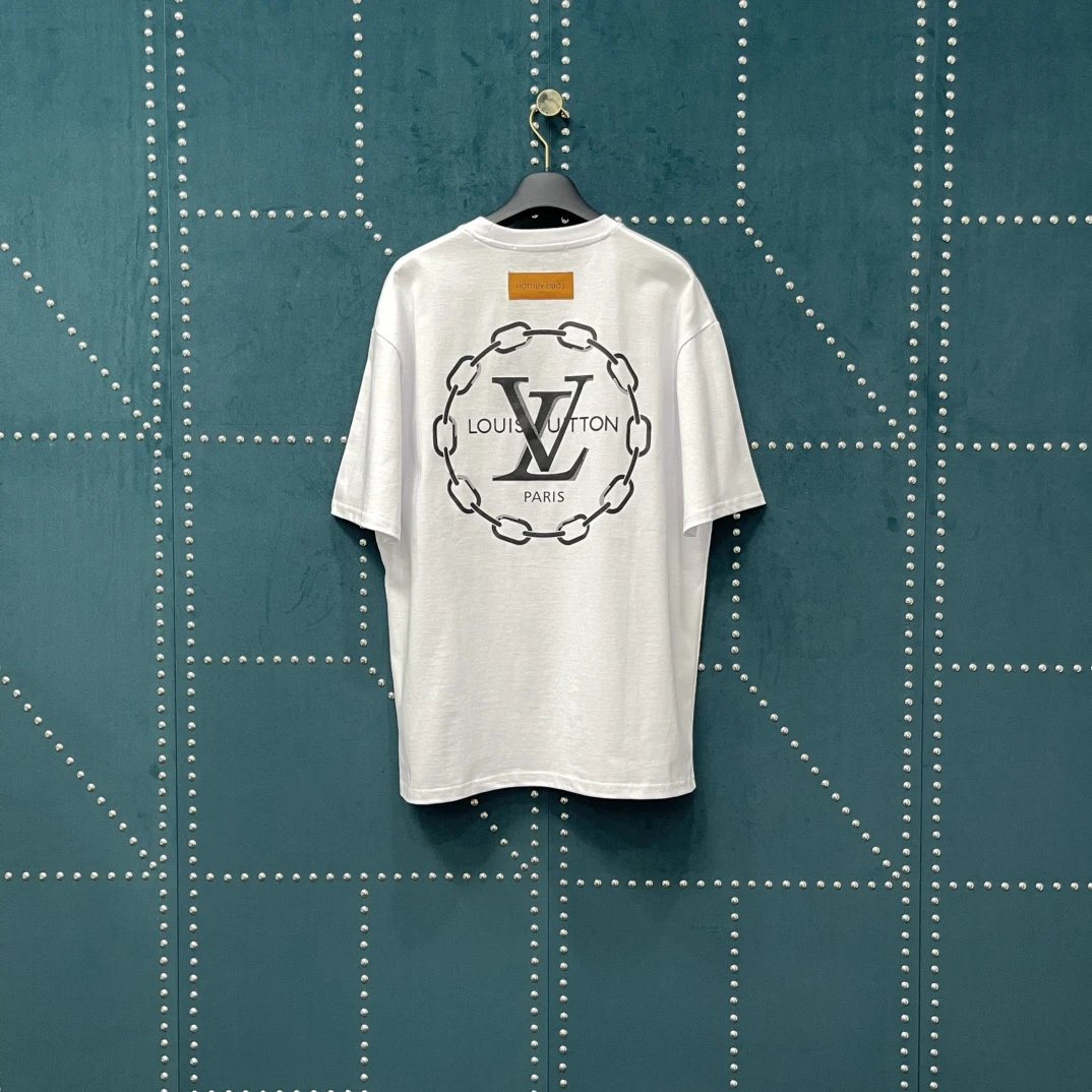 Louis Vuitton LV T-shirt Back Chain Print logo round Neck Short Sleeve25ss New Pure Cotton Unisex Style T Casual T-Shirt Base Layer Shirt OS Loose Fit Half Sleeve Top Plus Size