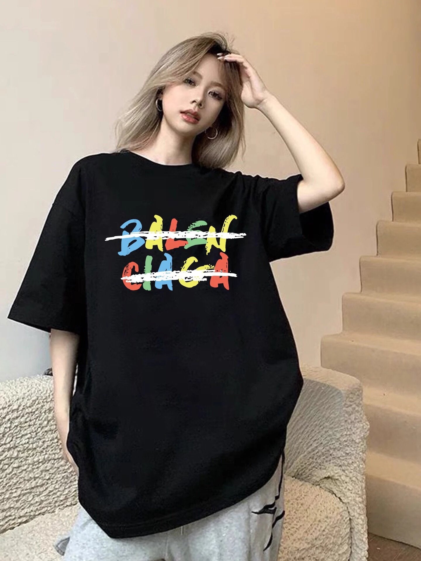 Balenciaga T-shirt Colorful Letter Print on the Chest logo round Neck Short Sleeve25ss New Pure Cotton Unisex Style T Casual T-Shirt Base Layer Shirt OS Loose Fit Half Sleeve Top Plus Size