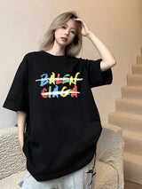 Balenciaga T-shirt Colorful Letter Print on the Chest logo round Neck Short Sleeve25ss New Pure Cotton Unisex Style T Casual T-Shirt Base Layer Shirt OS Loose Fit Half Sleeve Top Plus Size