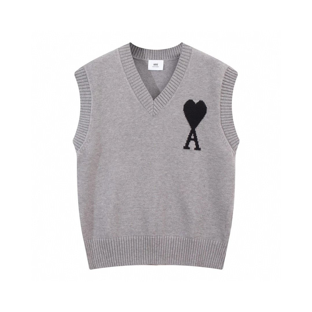 Ami Sweater Top Version Autumn and Winter New Red Heart Letter Collar Sleeveless Sweater Vest Men and Women Same Style