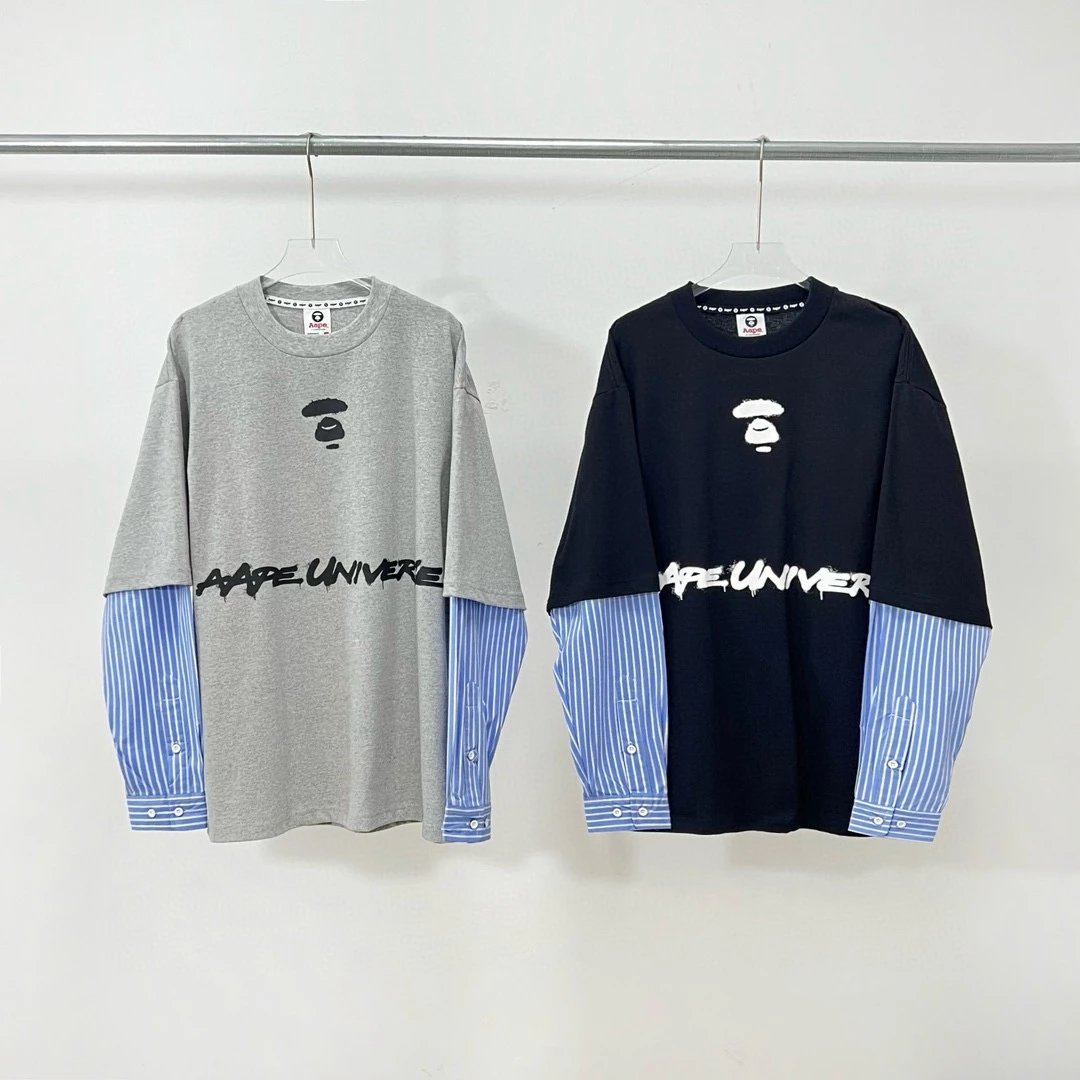 Bape Shirt Top Version Men's Spring and Summer Ape Face Graffiti Letter Printing Stitching Shirt Sleeve Long Sleeve T T-shirt