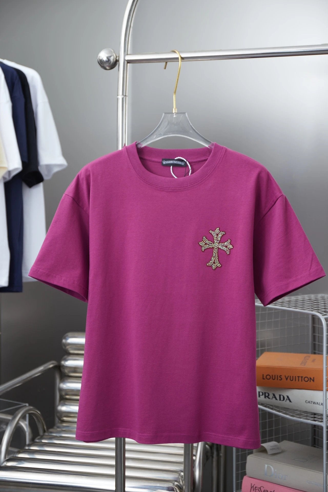 Chrome Hearts T-shirt 25SS Early Spring New Style Horseshoe Flocking Thick Version Rhinestone Round Neck Short Sleeve Pure Cotton Unisex T T-shirt OS Loose Fit Base Shirt Short Sleeve Top T-Shirt