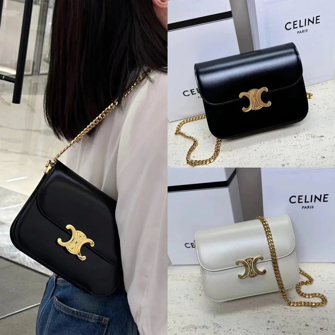 Celine women's bag Top version 【Original Factory】24Early Spring New Products New Women's Bag COLLEGETRIOMPHE Upgraded Chain Version Bright Leather Arc De Triomphe Handbag New Chain Arc De Triomphe WOC Bag113583