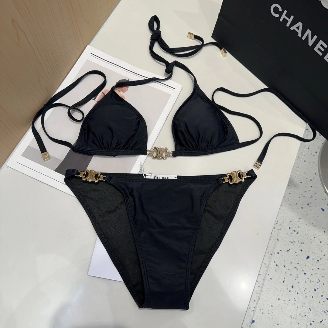 Celine Swimsuit Letter Gold Label Bikini Two-Piece Swimsuit Sexy Backless White Small Chest Gathered Beach Pool Women's Swimwear Vacation Hot Spring