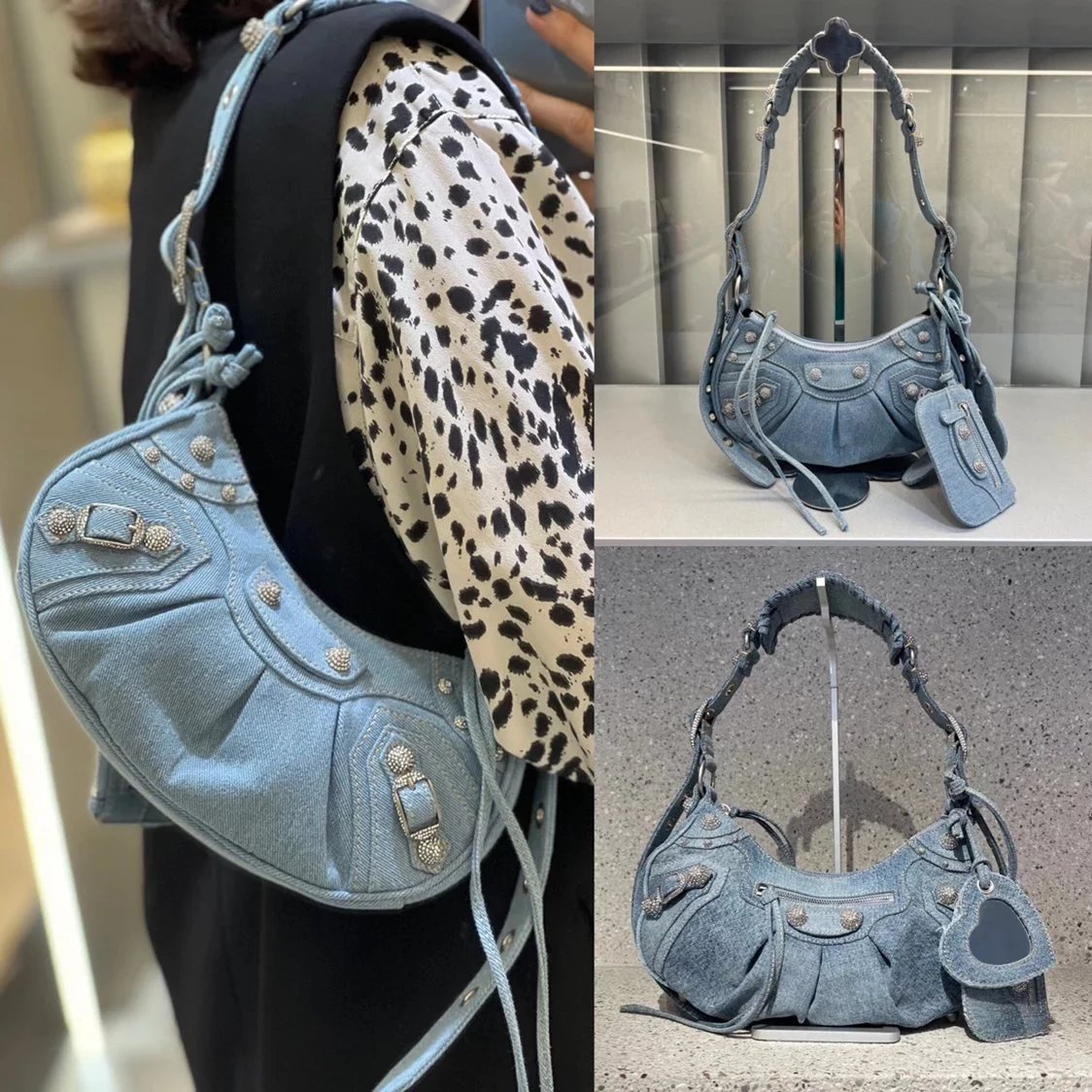 Balenciaga Bag Top version 【**Surrogate Shopping Edition】2022Spring and Summer New Denim Series LeCagole Hobos Dumpling Bag Motorcycle Bag with Diamond Denim Underarm Bag