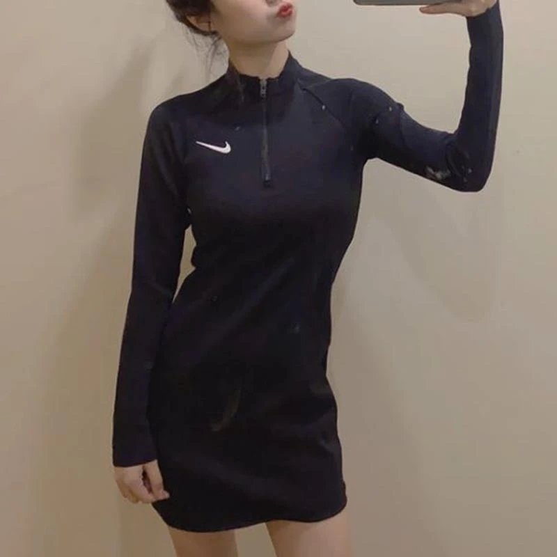 Nike New Sports Dress Half Long-Sleeve Zipper Skirt Stand-up Collar Slim Fit Long T Women's T-shirt CJ6349