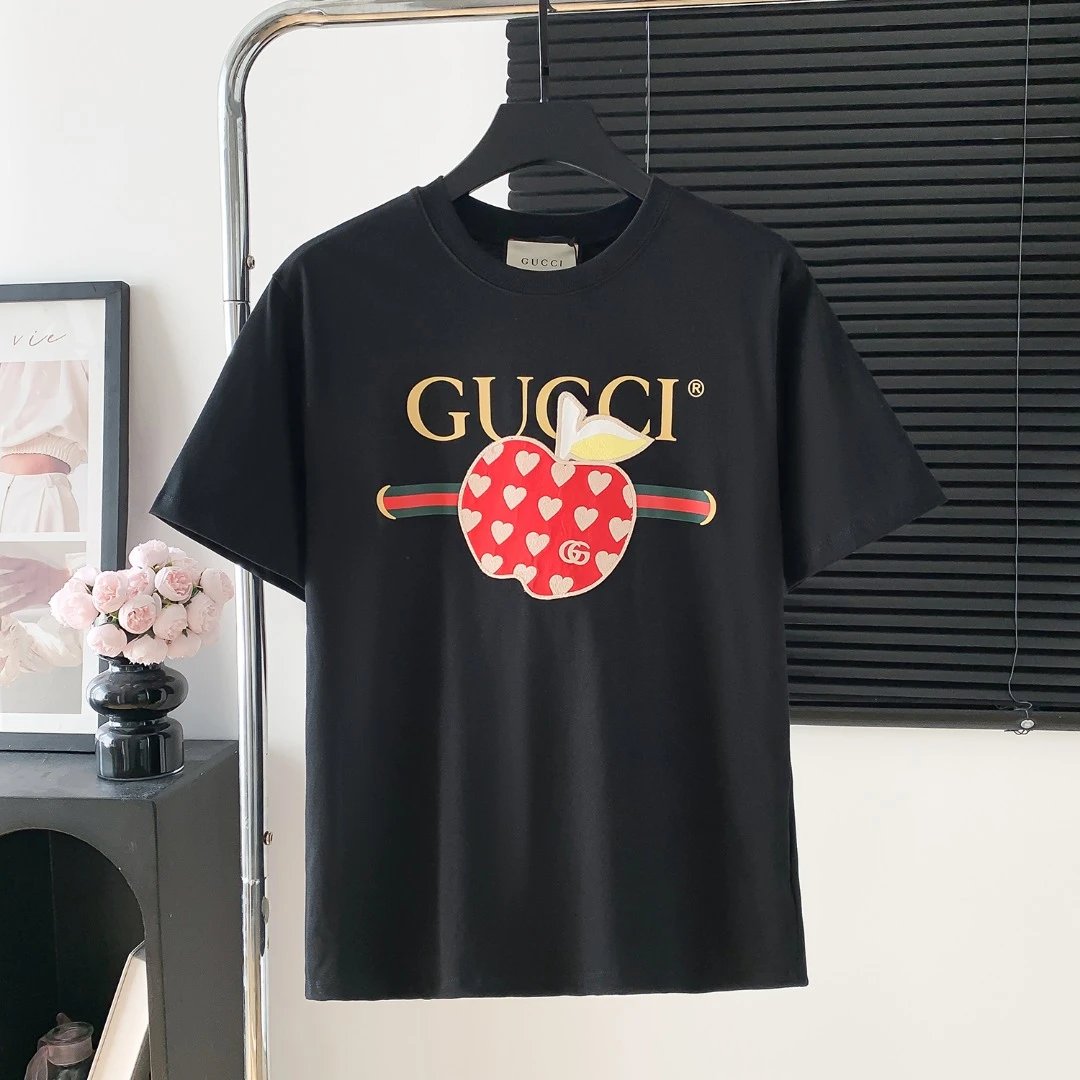 Gucci T-shirt Apple Embroidery on the Chest logo round Neck Short Sleeve25ss New Pure Cotton Unisex Style T T-shirt OS Loose Fit Base Shirt Half Sleeve T-Shirt Top Half Sleeve