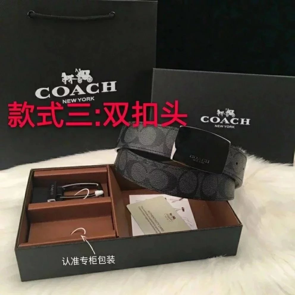 COACH Belt Top version New Full Set Men's Double-Sided Belt Business Casual All-Match Pin Buckle Smooth Buckle Casual Belt Men's and Women's All-Match Trouser Belt