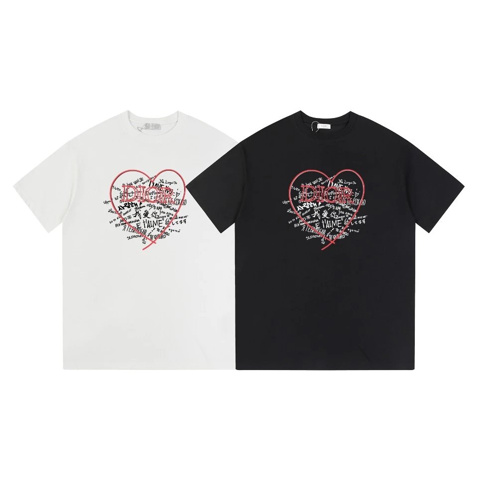 Dior T-shirt Front Color-Block Heart Print logo round Neck Short Sleeve25ss New pure cotton T Unisex T-Shirt OS Loose Fit Base Shirt Top Half Sleeve T-Shirt