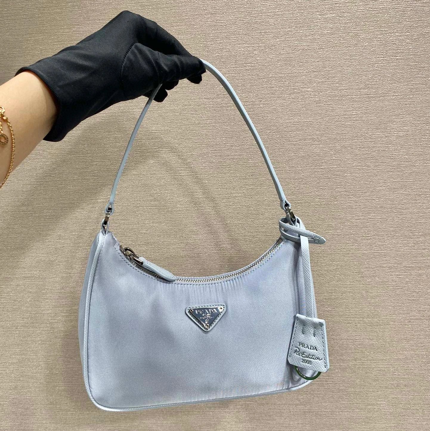 PRADA Bag Top version Original Order2020Re-Edition Autumn and Winter New Leather Shoulder Strap Hobo Nylon Shoulder Bag Underarm Bag Handbag Women's Bag2005