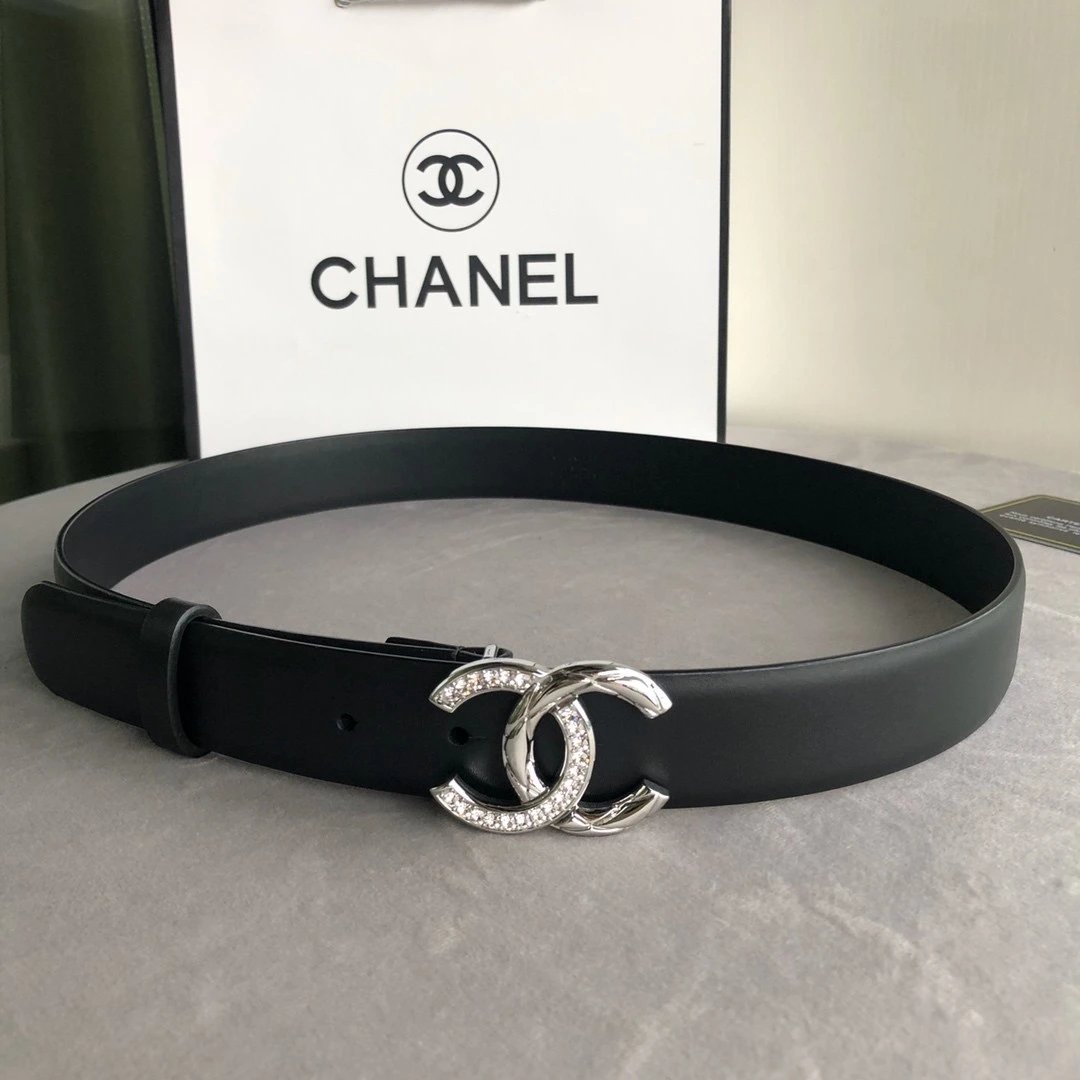 Chanel Belt Top version 【Special Cabinet Full Package】.Cow Leather Belt Silver Metal and Rhinestone.Width3.0mm Female Boutique Belt Female Boutique Belt Fashion Expert Elegant and Generous Business Casual Belt Belt Belt Women's Belt Women