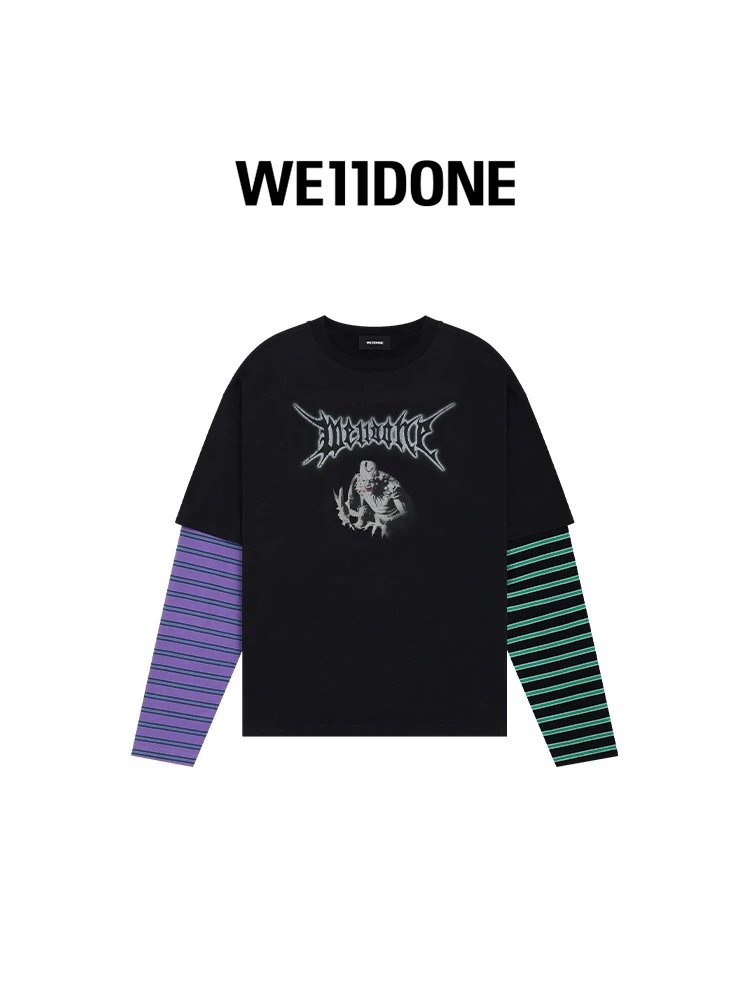 We11done Hoodie Top Version Neutral Men and Women Same Style24Early Spring New Products Black Striped Stacked Pattern Printed Long Sleeve T T-shirt