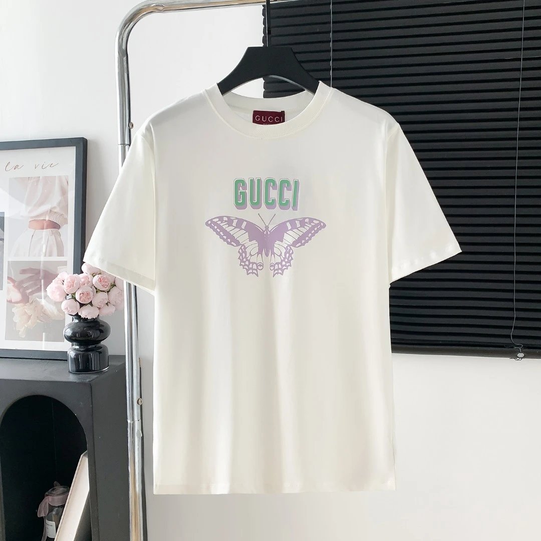 Gucci T-shirt Chest Butterfly Print logo round Neck Short Sleeve25ss New Pure Cotton Unisex Style T Casual T-Shirt Base Layer Shirt OS Loose Fit Half Sleeve Top Plus Size
