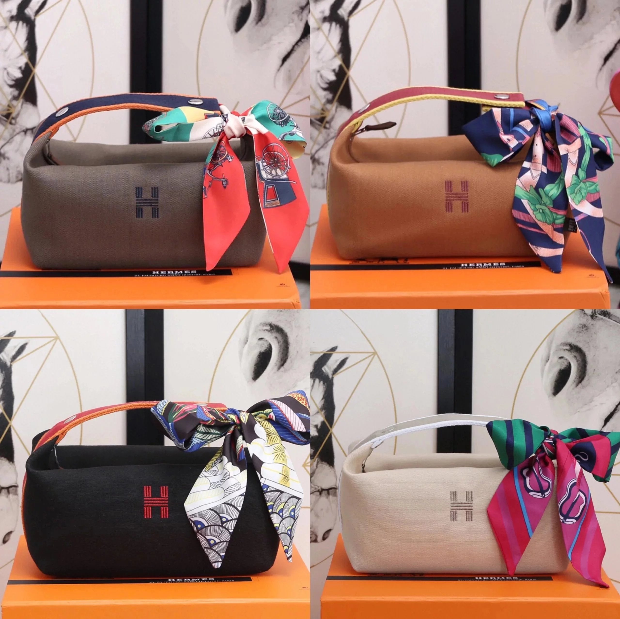 Hermes women's bag Top version Lunch box bag H Home Canvas Wash Bag Original Order hobo Washing Bag out Simple Wrist Bag Women's Bag Original Canvas Bag Lunch Bag Laser Hardware Large H Home logo Cosmetic Bag Car Storage Bag Hand Bag Sports Supplies Bag N