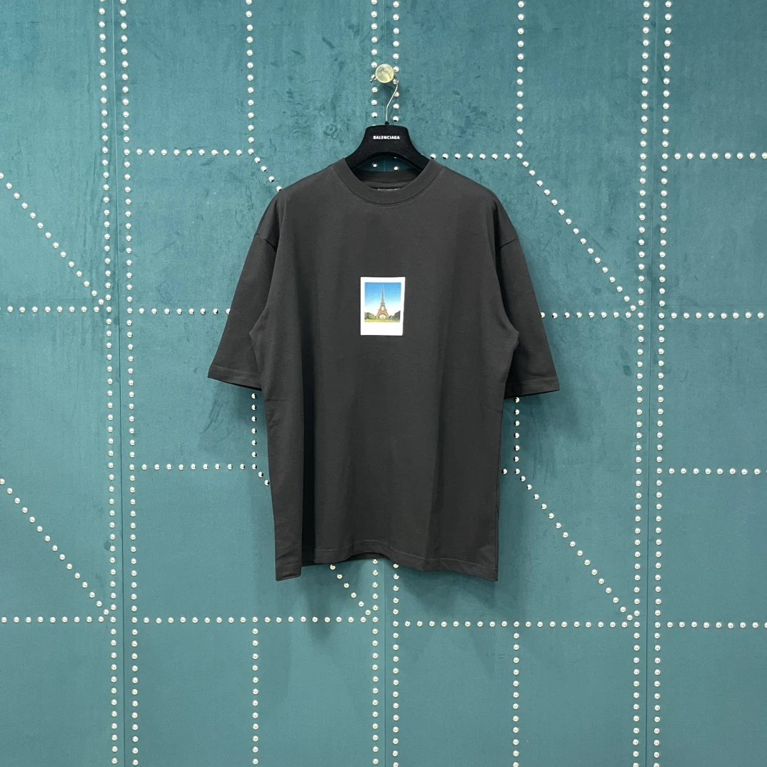 Balenciaga T-shirt Paris Eiffel Tower Print on the Chest logo round Neck Short Sleeve25ss New Pure Cotton Unisex Style T T-shirt OS Loose Fit Base Shirt Half Sleeve T-Shirt Top Half Sleeve