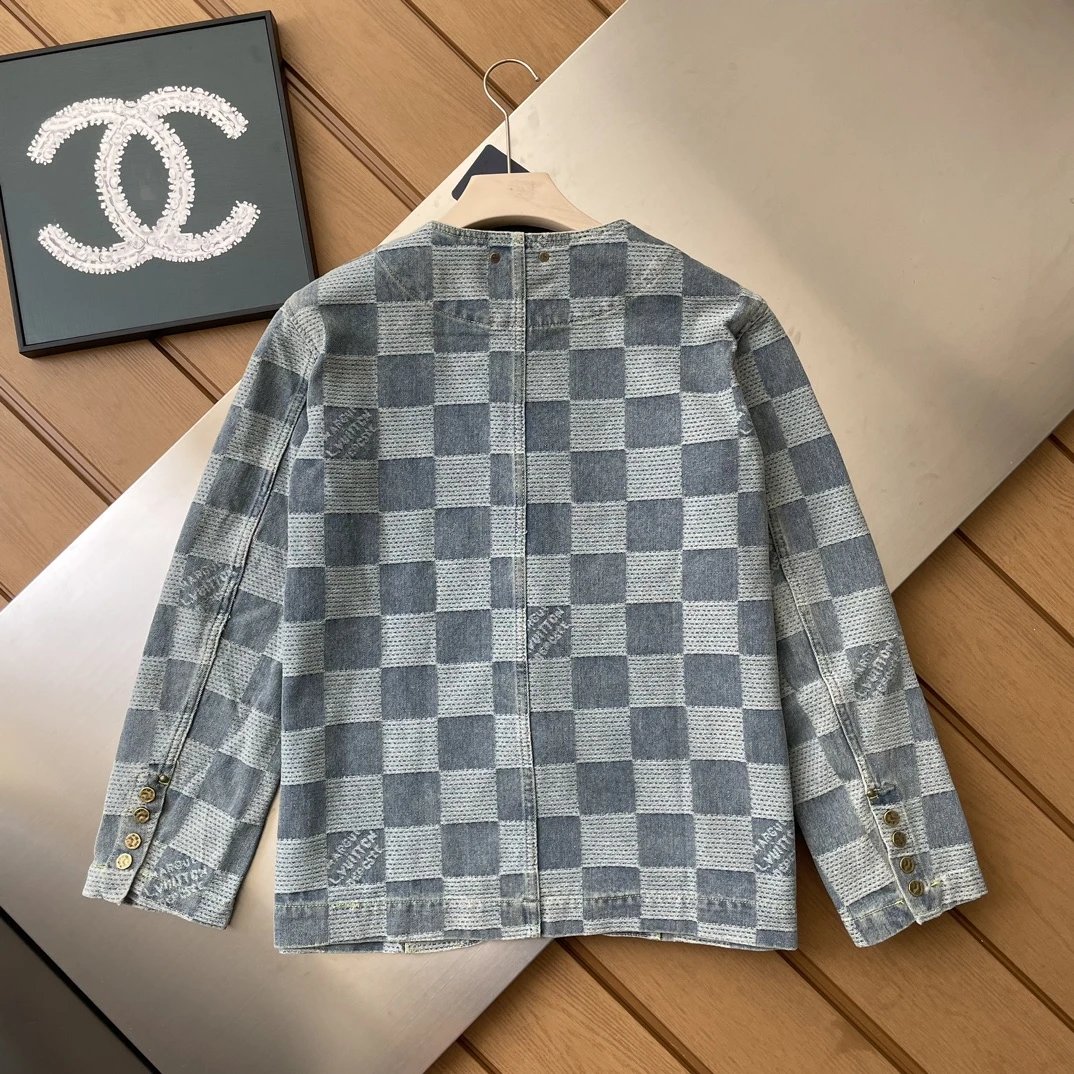Louis Vuitton LV Jackets Round Neck Checkerboard Denim Jacket Fashion Simple Heavy Casual Short Denim Unisex Washed Vintage Turn-down Collar Jacket