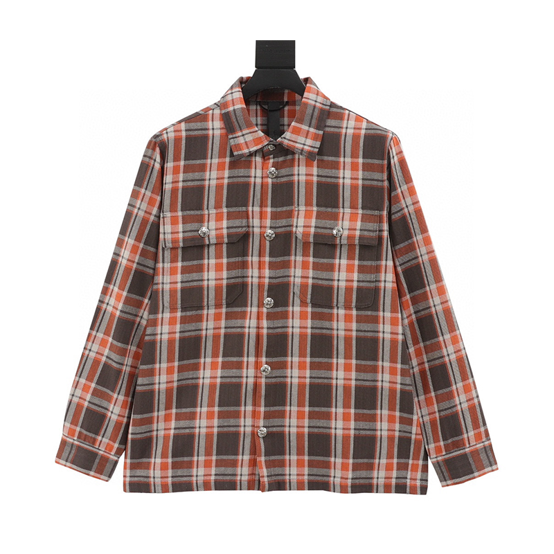 Chrome Hearts Shirt Yellow Orange Flannel Plaid Long Sleeve Shirt Coat Same Style for Men and Women