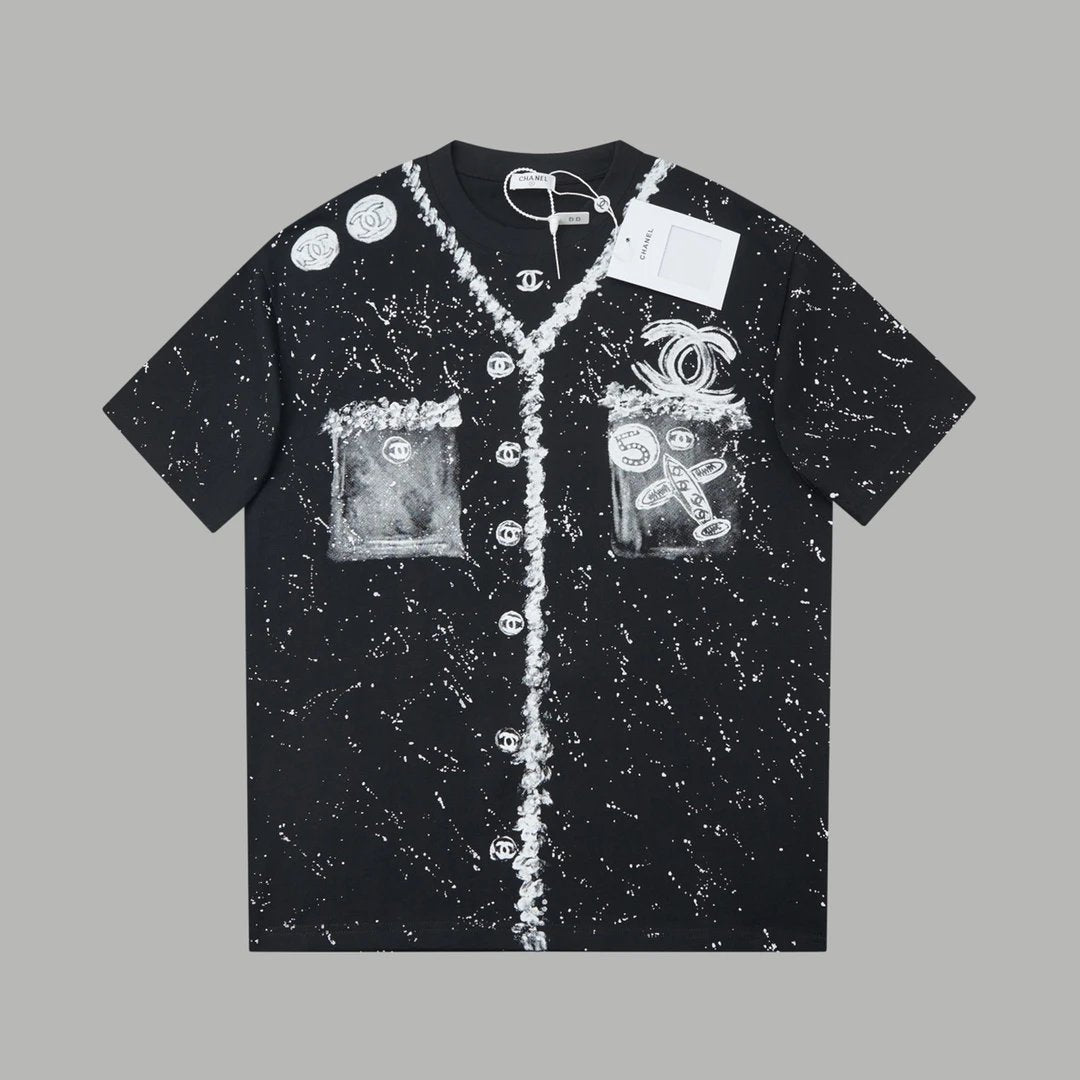 Chanel T-shirt Front and Back Graffiti Painting Print logo round Neck Short Sleeve25ss New Pure Cotton Unisex Style T T-shirt OS Loose Fit Base Shirt Half Sleeve T-Shirt Top Half Sleeve