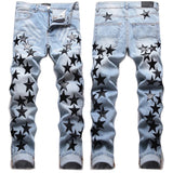 Amiri Jeans New Foreign Trade Style Fashion Blue with Holes Paste Cloth Embroidery Elastic Mid-Waist Feet Men's Jeans