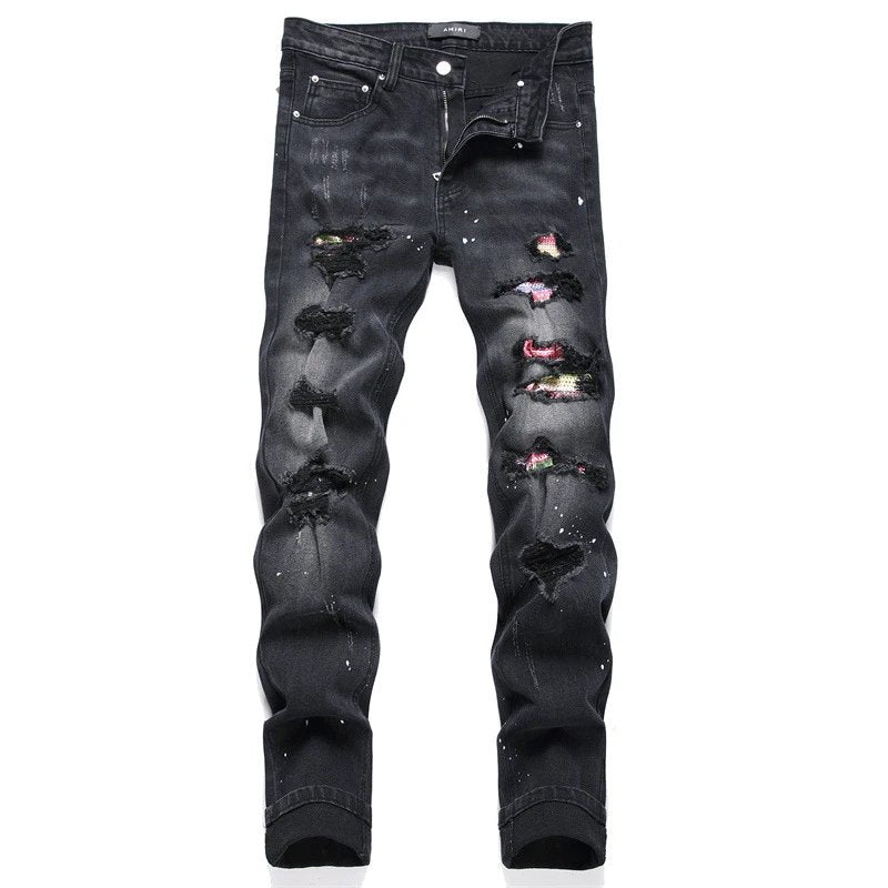 Amiri Jeans New Foreign Trade Style Fashion Blue with Holes Paste Cloth Embroidery Elastic Mid-Waist Feet Men's Jeans