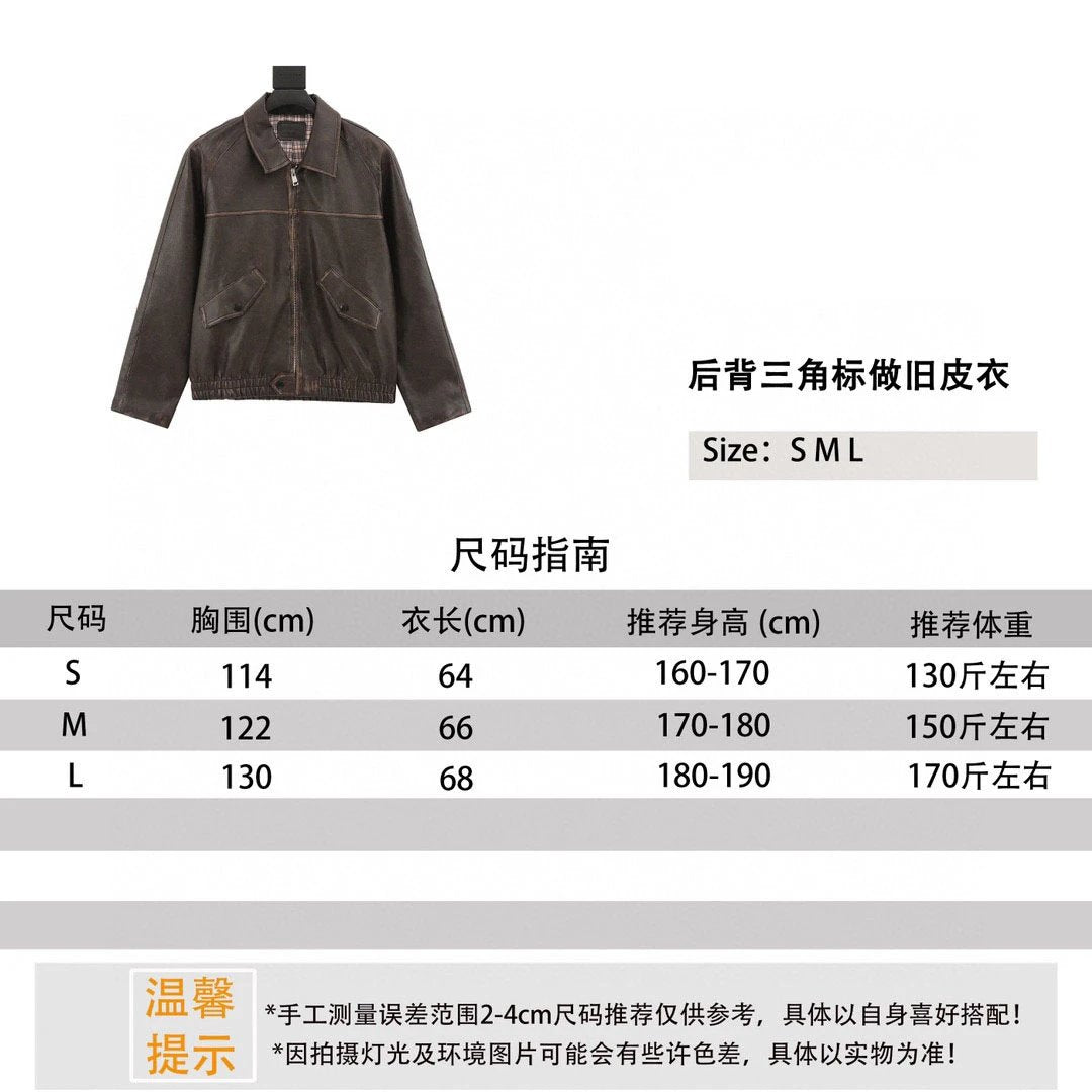 PRADA Jackets  Back Triangle Mark Distressed Leather Coat Same Style for Men and Women