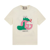 Gucci T-shirt Heart and Snake Print on the Chest logo round Neck Short Sleeve25ss New Pure Cotton Unisex Style T Casual T-Shirt Base Layer Shirt OS Loose Fit Half Sleeve Top Plus Size