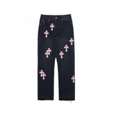 Chrome Hearts Jeans Top Version Straight Cross Jeans Women Retro Leisure Washed-out High Waist Wide Leg Pants