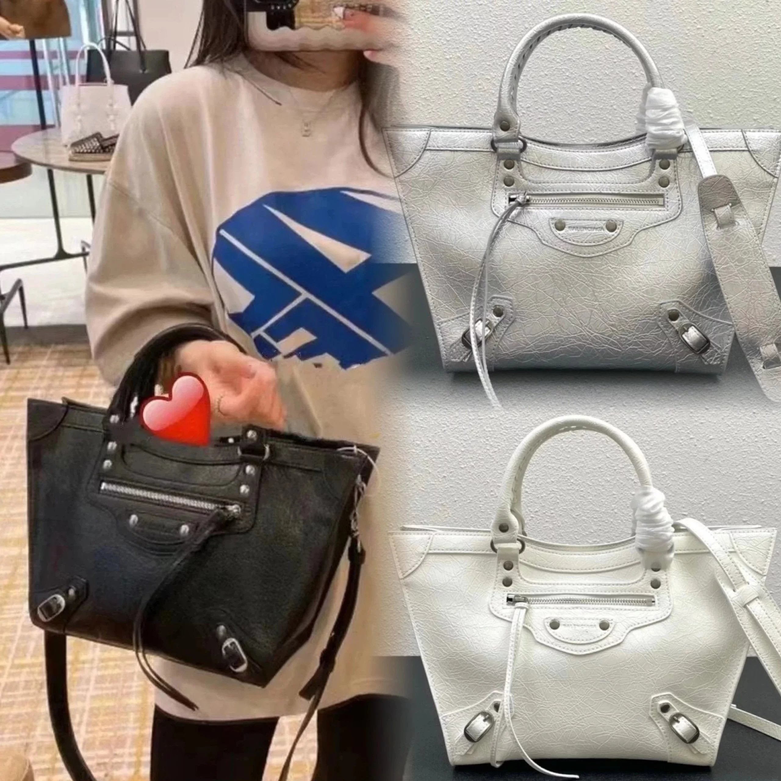 Balenciaga Bag Top version New Motorcycle Bag Winter New Pet Women's Bag High-End Quality First Layer Cowhide Hand Bag Women's Snap Handbag Shoulder Crossbody Leather Bag80096Size:Long24x High22x Thick12cmA-284