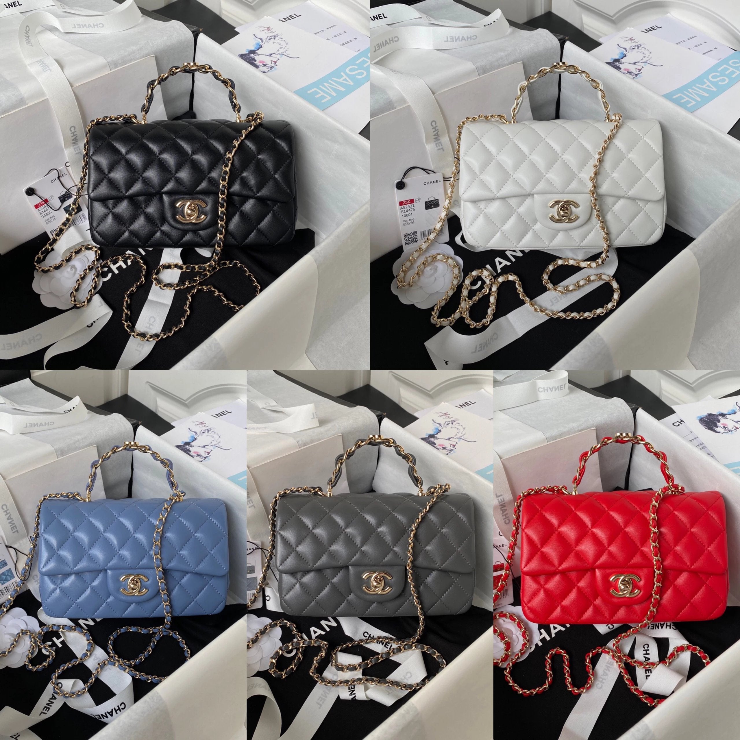 Chanel Women's Bag Top version 【**Original Leather】chanel23k New Handle cfmini Sheepskin AS2431Flap Bag Pairs of Lambskin C Handle Portable CF Bag