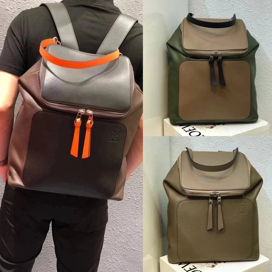 LOEWE Backpack Top version 【Premium Version Original Leather】Backpack Huang Zitao Same Style Goyabackpack Series LOEWE New Schoolbag Backpack Men's and Women's Casual Travel Backpack Color Matching Calfskin Material Goya Backpack