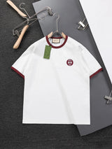 Gucci T-shirt Wine red neckline fusion double G Embroidery logo round Neck Short Sleeve25ss New Pure Cotton Unisex Style T T-shirt OS Loose Fit Base Shirt Half Sleeve T-Shirt Top Half Sleeve