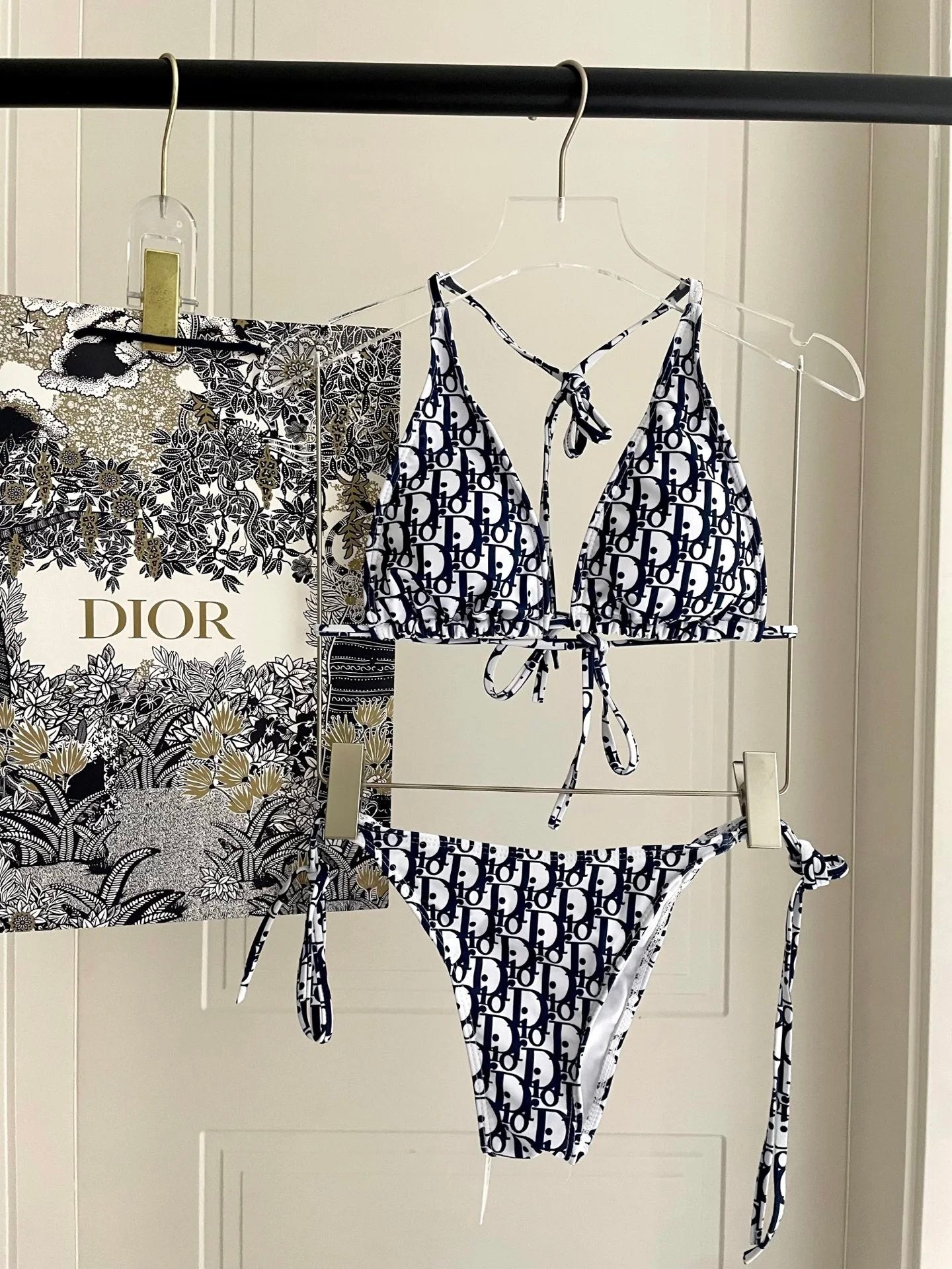 Dior Swimsuit Full Print Jacquard Bikini Two-Piece Swimsuit Sexy Small Chest Gathered Beach Pool Backless White Women's Swimwear Vacation Hot Spring