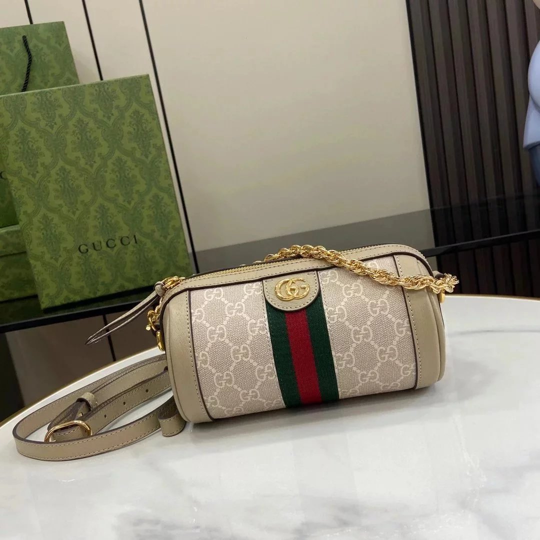 Gucci Women's Bag Top version 【Original Leather】2024New Ophidia Series Mini round Bag Italian Original Leather Shoulder Messenger Bag Chain Portable Women's Bag795208