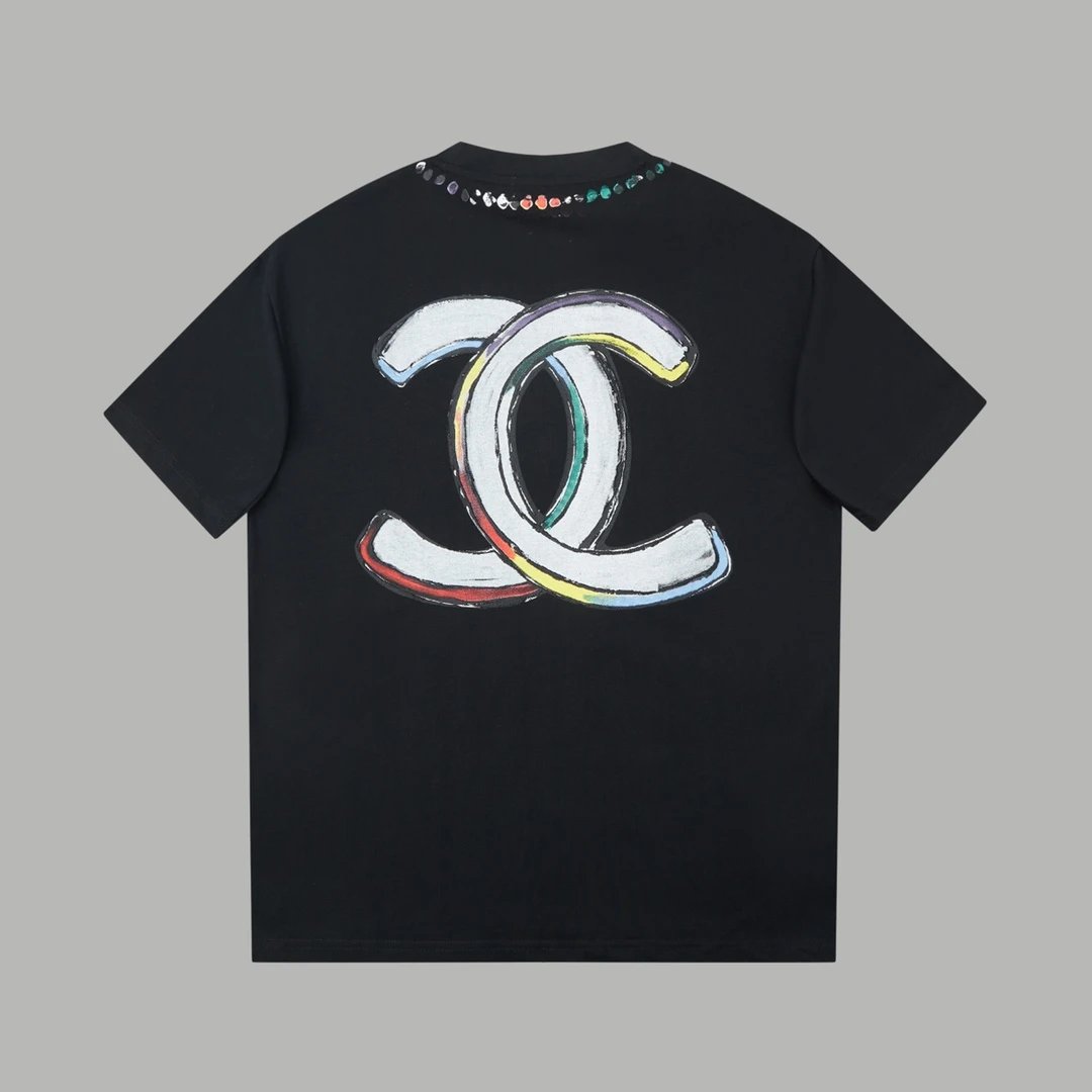 Chanel T-shirt Large Back Double C Letter Printing logo round Neck Short Sleeve25ss New Pure Cotton Unisex Style T Casual T-Shirt Base Layer Shirt OS Loose Fit Half Sleeve Top Plus Size