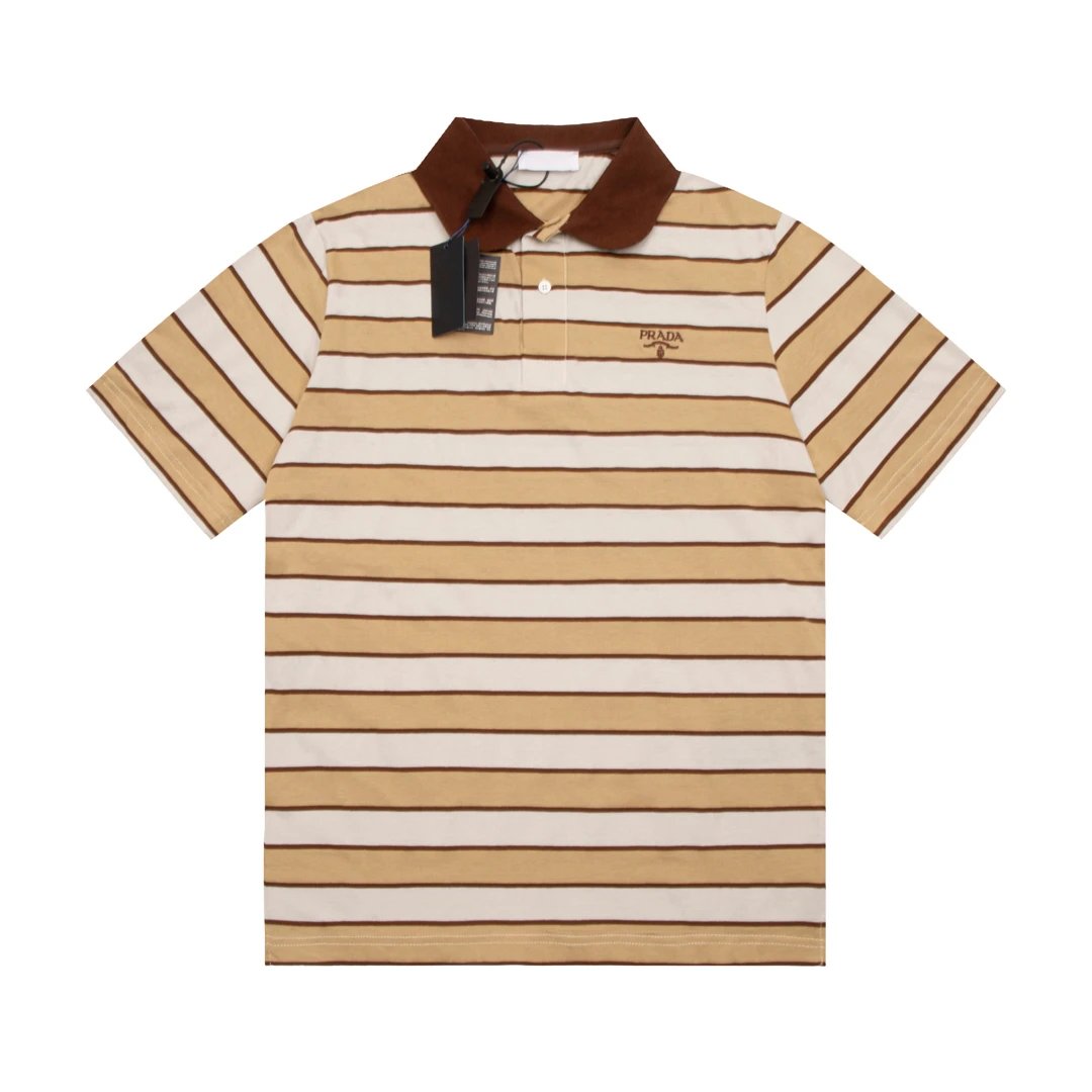 PRADA T-shirt Embroidered Letter Stripe Badge POLO Shirt Lapel Short Sleeve25ss New Unisex Summer Short Sleeve OS Loose T Business Half Sleeve Shirt Plus Size T-Shirt