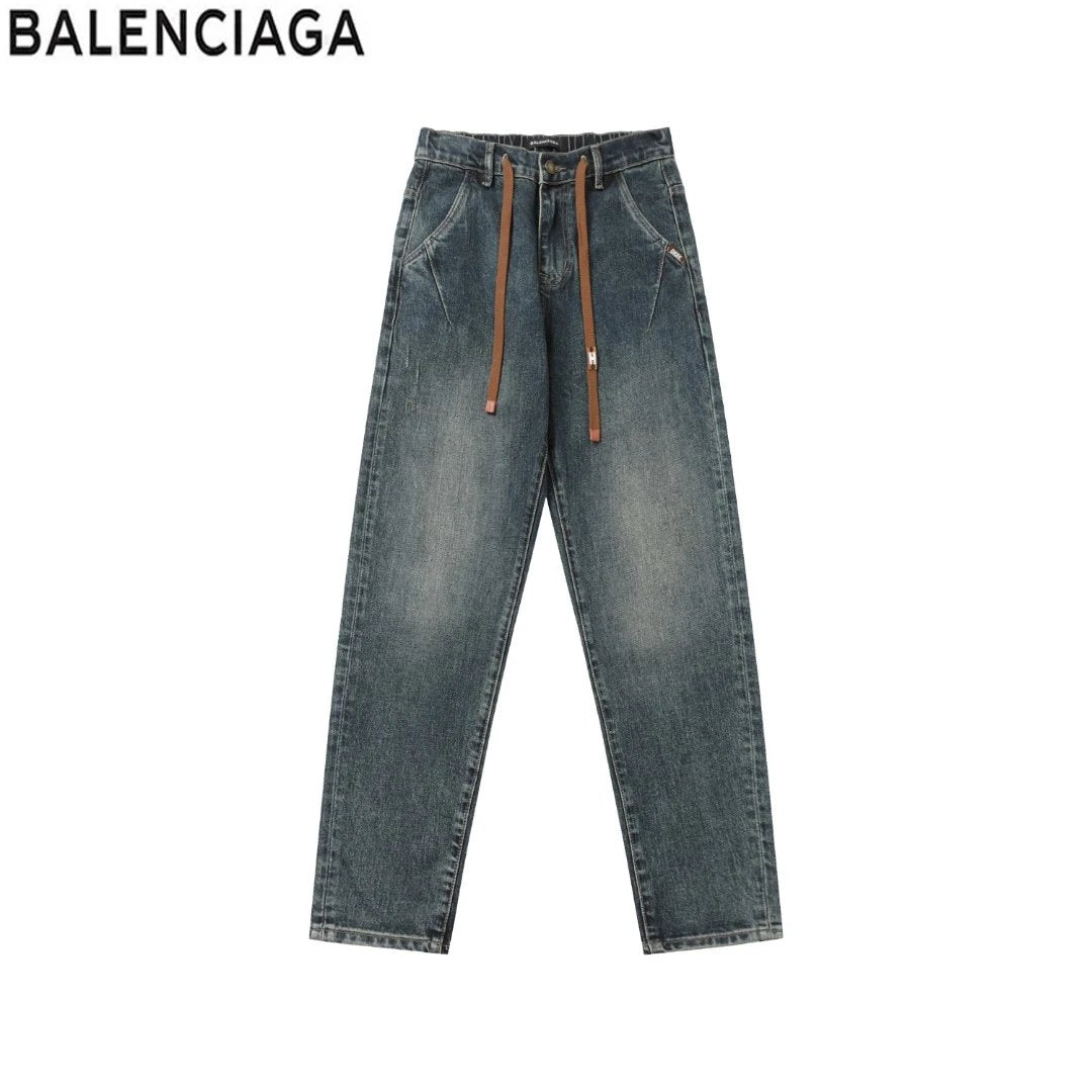Balenciaga Jeans Denim Lace-up Back Waistband Label logo Straight Washed Blue Jeans Autumn Winter New Unisex Loose Casual Wide Leg High Waist Pants