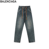 Balenciaga Jeans Denim Lace-up Back Waistband Label logo Straight Washed Blue Jeans Autumn Winter New Unisex Loose Casual Wide Leg High Waist Pants