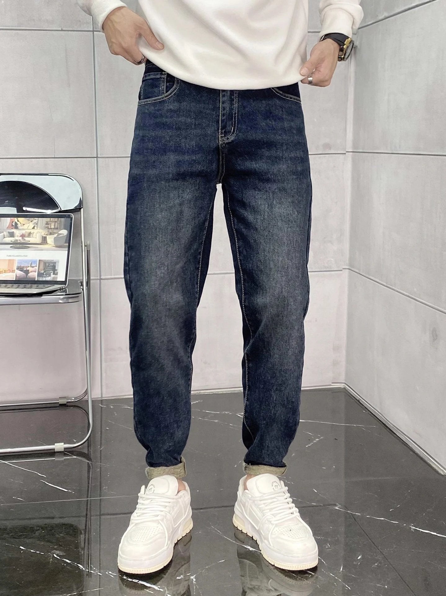 Versace jeans Leather tag logo Straight Washed Blue Jeans Autumn Winter New Unisex High Waist Long Pants Loose Casual Wide Leg