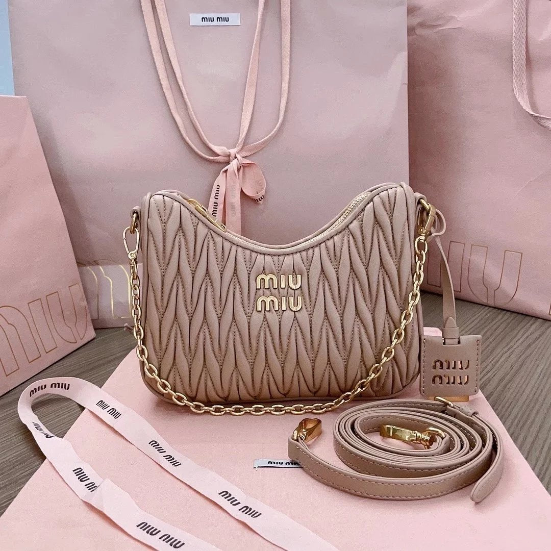 Miu Miu Bag Top version 【M Home】New Season Women's Bag Crystal Chain Accessories Series Handbag Pleated Lambskin hobo Bag Shoulder Crossbody Handbag Underarm Bag5BH211New Version Genuine Leather Shoulder Strap Shoulder Bag Chain Bag Underarm Bag