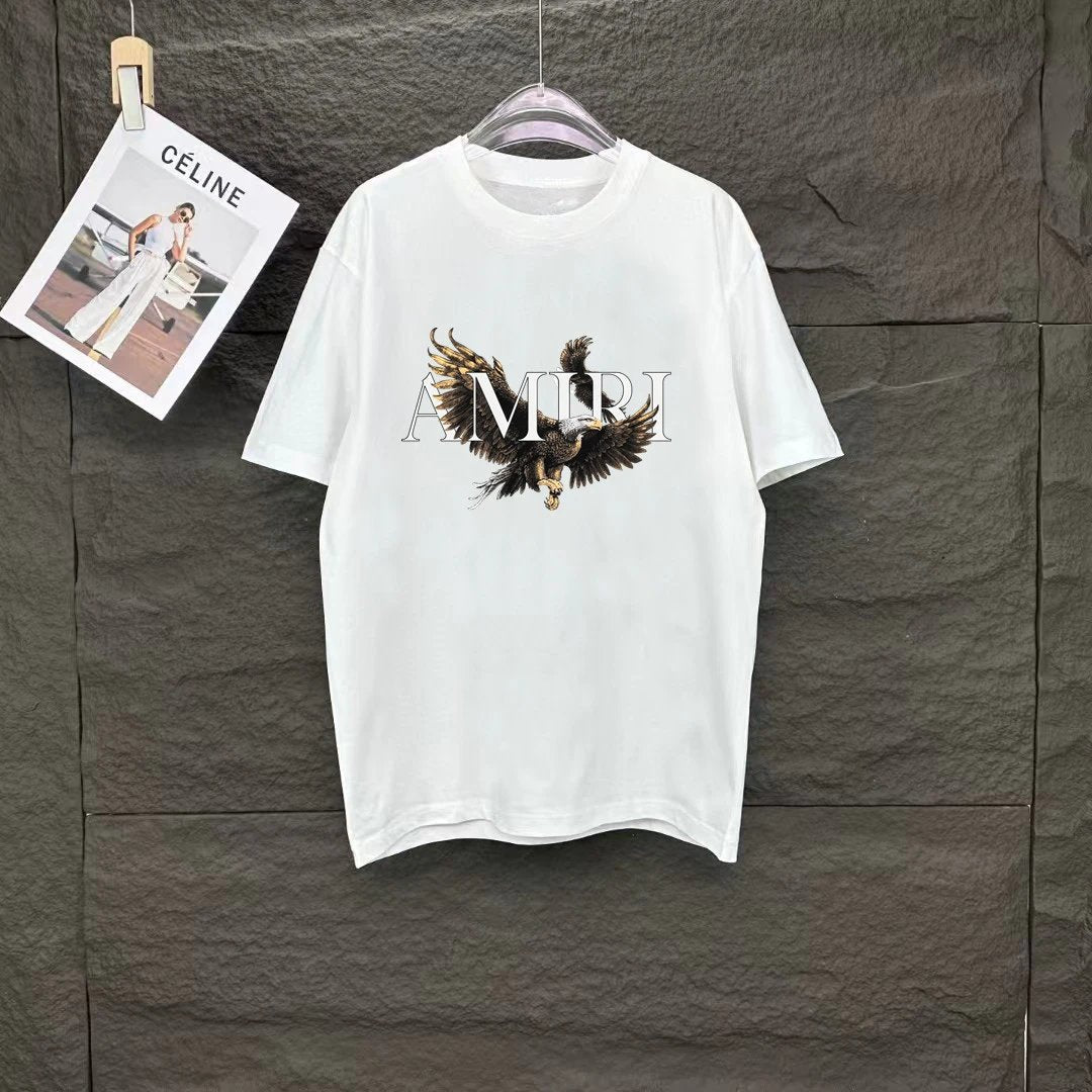 Amiri T-shirt Front Eagle Pattern Print logo round Neck Short Sleeve25ss New Pure Cotton Unisex Style T Casual T-Shirt Base Layer Shirt OS Loose Fit Half Sleeve Top Plus Size