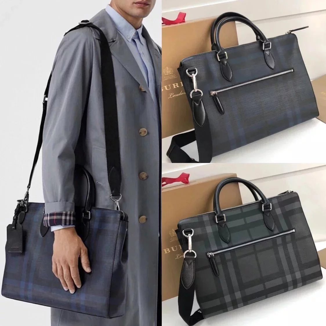 Burberry Men's Bag Top version New men's bag London Plaid Leather Briefcase Burberry Business Briefcase Men's Handbag Computer Bag Mouse Goods Men's Briefcase