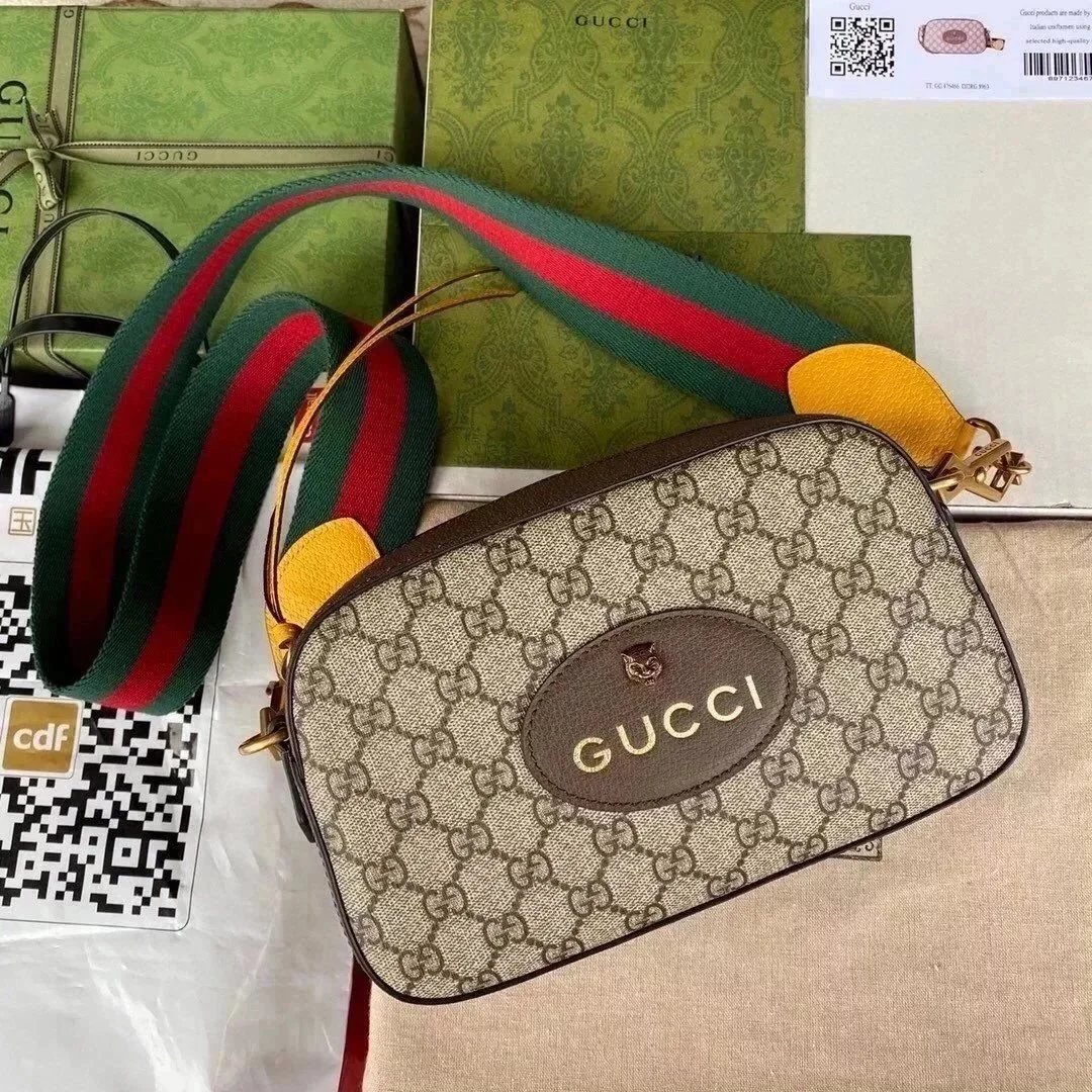 Gucci Men's Bag Top version 【Counter Version Original Leather】Classic Tiger Head Camera Bag Vintage Wide Shoulder Strap Canvas Backpack Camera Bag Shoulder Crossbody Bag Men's and Women's Bags476466