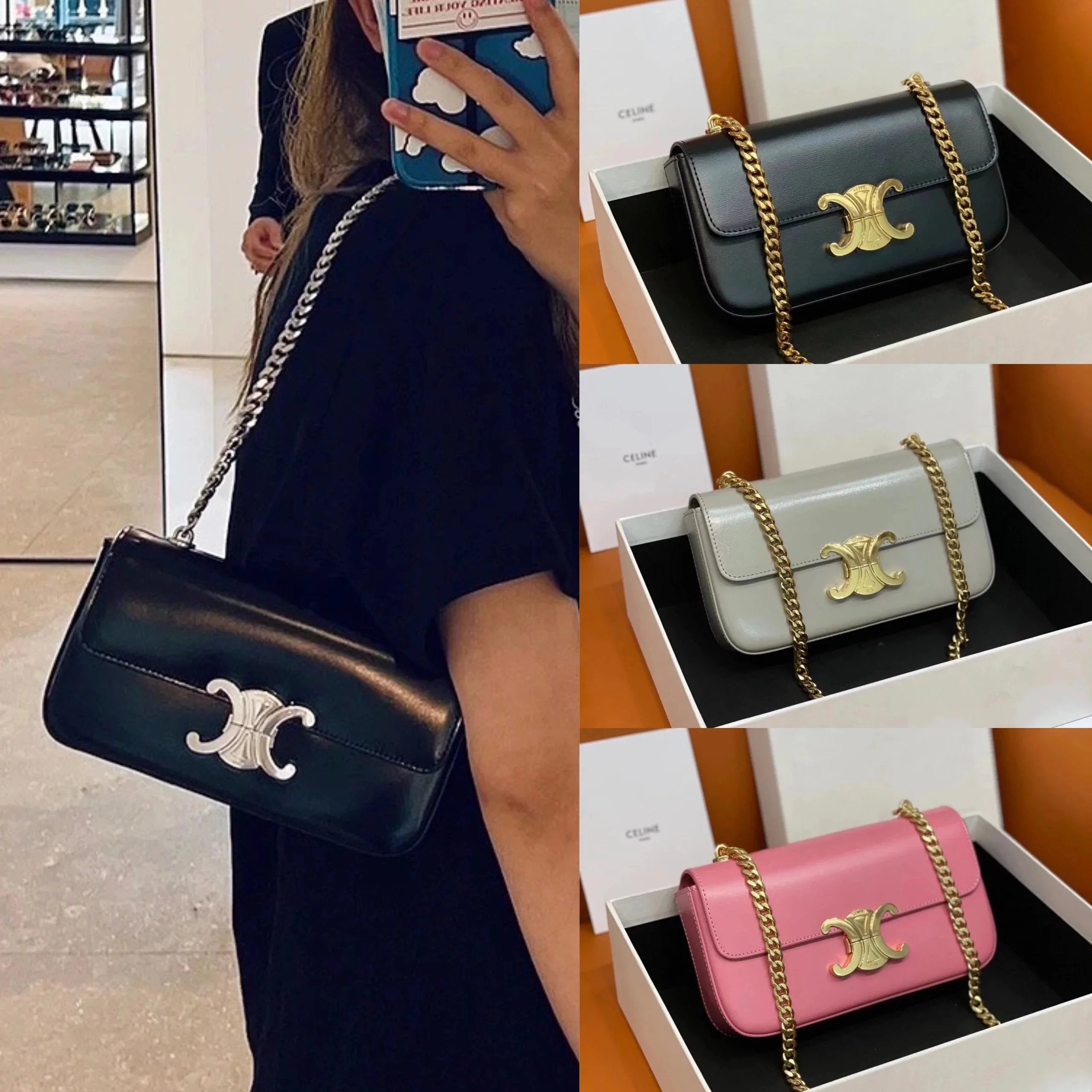 Celine women's bag Top version 【Original Leather】2022Spring and Summer New Triomphe Short Chain Small Size Arc De Triomphe Underarm Bag Cowhide Genuine Leather Bag Handbag Square Bag Women's Bag Underarm Bag Clutch Mini Chain Bag197993