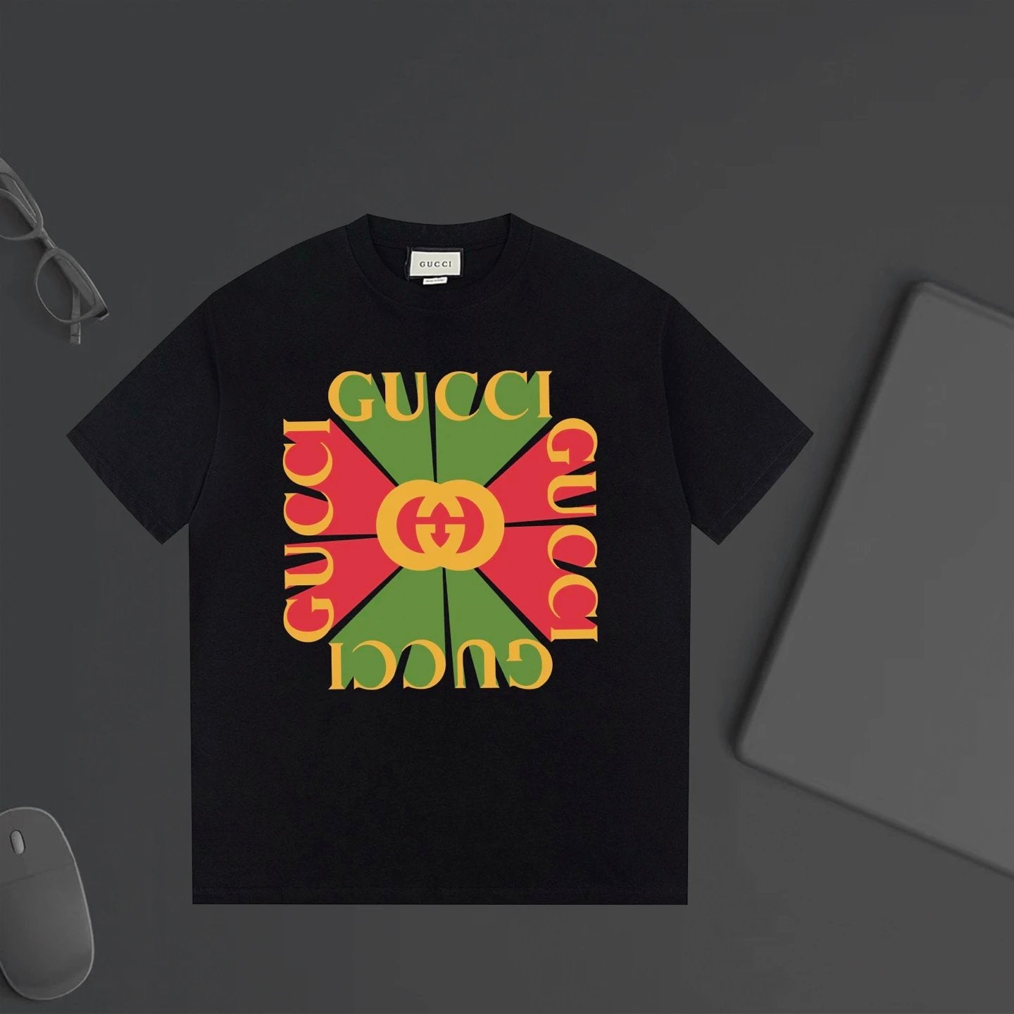 Gucci T-shirt Chest Patchwork Letter Print logo round Neck Short Sleeve25ss New pure cotton T Unisex T-Shirt OS Drop Shoulder Loose Fit Base Shirt Top T-Shirt Short Sleeve