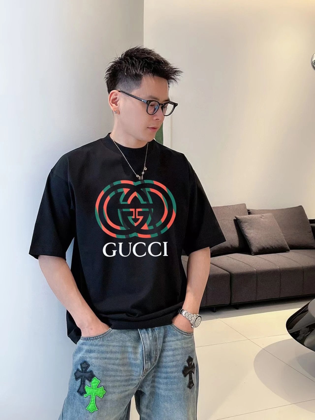 Gucci T-shirt Classic red and green G Wow Glue Thick Board logo round Neck Short Sleeve25ss New Pure Cotton Unisex Style T T-shirt OS Loose Fit Base Shirt Half Sleeve T-Shirt Top